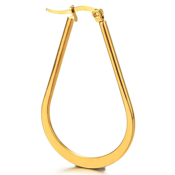 Pair Stainless Steel Large Flat Teardrop Huggie Hinged Hoop Earrings for Women Gold Color - COOLSTEELANDBEYOND Jewelry