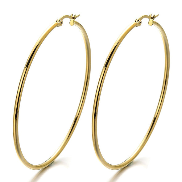 Pair Stainless Steel Large Plain Circle Huggie Hinged Hoop Earrings for Women Gold Color - COOLSTEELANDBEYOND Jewelry