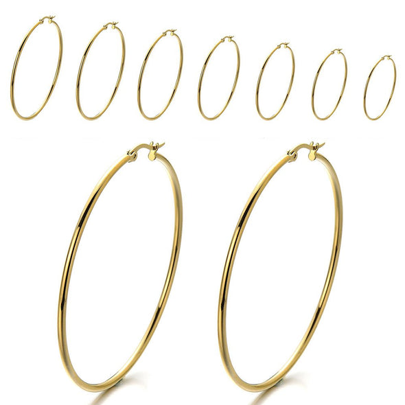 Pair Stainless Steel Large Plain Circle Huggie Hinged Hoop Earrings for Women Gold Color - COOLSTEELANDBEYOND Jewelry