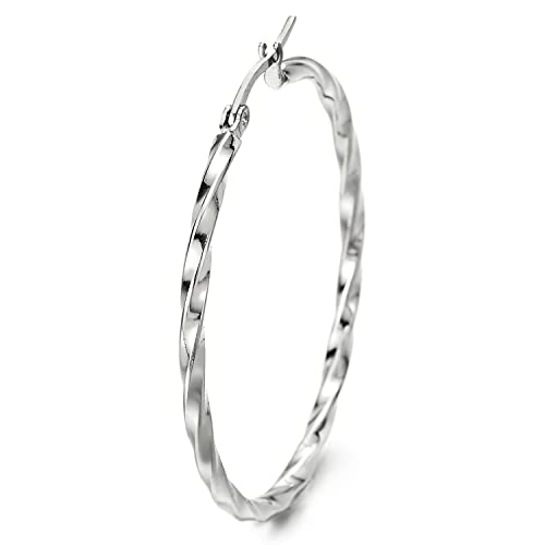 Pair Stainless Steel Large Twisted Circle Huggie Hinged Hoop Earrings for Women Girls - COOLSTEELANDBEYOND Jewelry