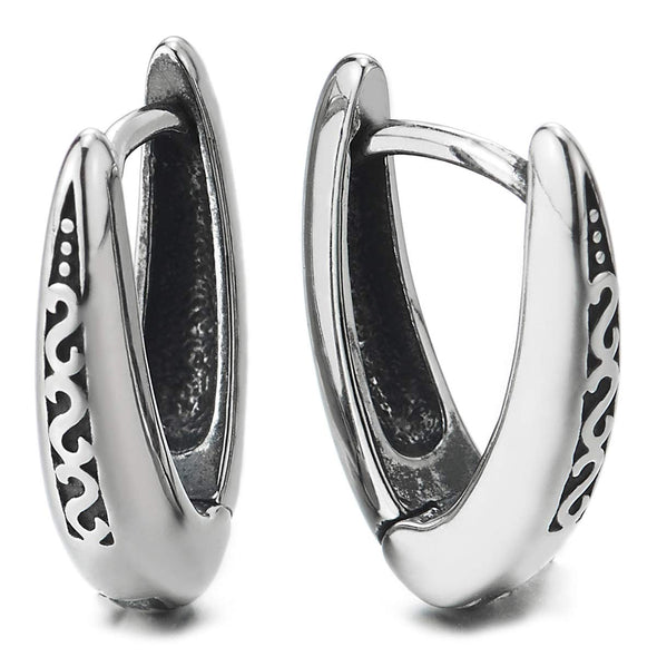 Pair Stainless Steel Mens Womens V-shape Huggie Hinged Hoop Earrings with Tribal Tattoo Pattern - COOLSTEELANDBEYOND Jewelry