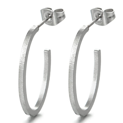 Pair Stainless Steel Open Flat Oval Hoop Huggie Hinged Stud Earrings - COOLSTEELANDBEYOND Jewelry