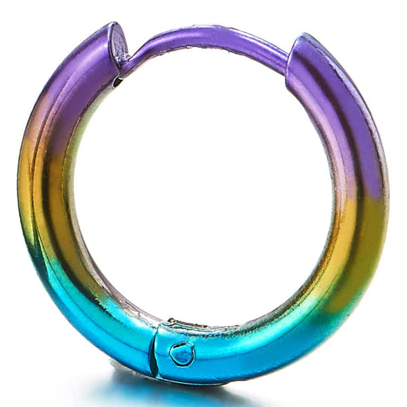 Pair Stainless Steel Oxidized Blue Yellow Purple Plain Circle Huggie Hinged Hoop Earrings Men Women - COOLSTEELANDBEYOND Jewelry