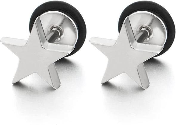 Pair Stainless Steel Plain Flat Star Pentagram Stud Earrings for Man Women, Screw Back, 2pcs - COOLSTEELANDBEYOND Jewelry