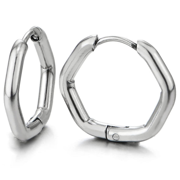 Pair Stainless Steel Plain Hexagon Huggie Hinged Hoop Earrings for Unisex Men Women, Polished - COOLSTEELANDBEYOND Jewelry