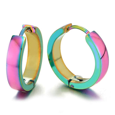 Pair Stainless Steel Rainbow Oxidized Plain Flat Circle Huggie Hinged Hoop Earrings for Men Women - coolsteelandbeyond