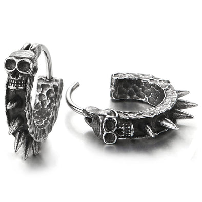Pair Stainless Steel Skull Spike Circle Huggie Hinged Hoop Earrings Men Women, Old Metal Treatment - COOLSTEELANDBEYOND Jewelry