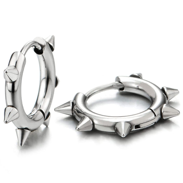 Pair Stainless Steel Spike Circle Huggie Hinged Hoop Earrings Men Women - COOLSTEELANDBEYOND Jewelry