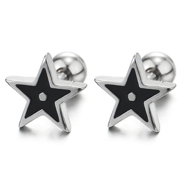 Pair Stainless Steel Star Stud Earrings with Black Enamel, Man Woman, Screw Back - COOLSTEELANDBEYOND Jewelry