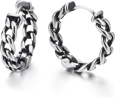 Pair Stainless Steel Vintage Tribal Curb Chain Wreath Huggie Hinged Hoop Earrings Unisex Men Women - COOLSTEELANDBEYOND Jewelry