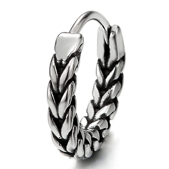 Pair Stainless Steel Vintage Wheat Braide Huggie Hinged Hoop Earrings, Unisex Men Women - COOLSTEELANDBEYOND Jewelry
