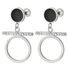Pair Stainless Steel Womens Dangling Circle Stud Earring with Cubic Zirconia and Black Enamel - COOLSTEELANDBEYOND Jewelry
