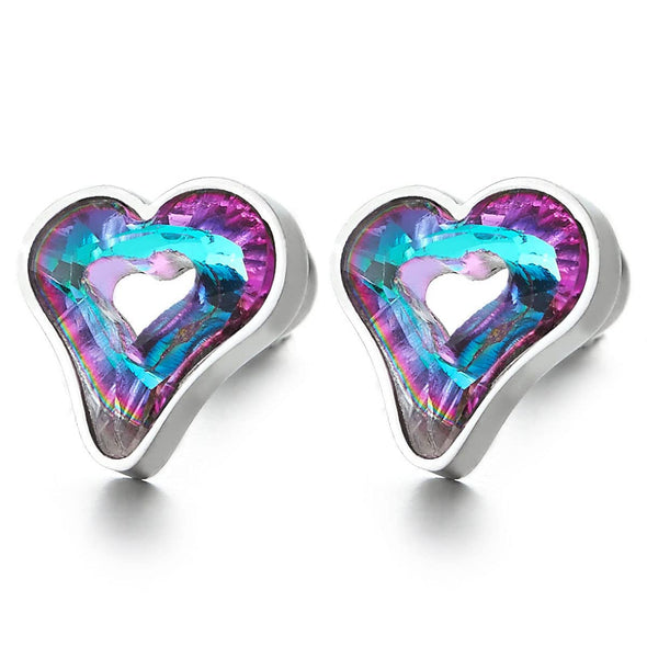 Pair Stainless Steel Womens Open Heart Stud Earrings with Green Violet Crystal, Screw Back