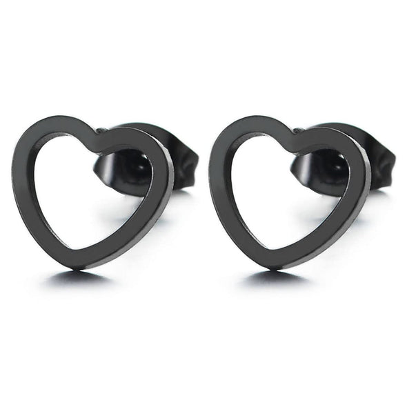 Pair Stainless Steel Womens Small Black Flat Open Heart Stud Earrings