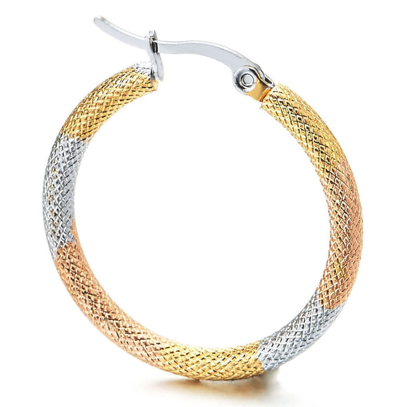 Pair Steel Circle Huggie Hinged Hoop Earrings with Grooved Grid Pattern, Silver Gold Rose Gold - COOLSTEELANDBEYOND Jewelry