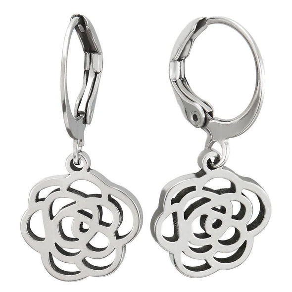 Pair Steel Huggie Hinged Hoop Earrings with Dangling Rose Flower