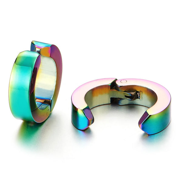 Pair Steel Rainbow Huggie Hinged Hoop Earrings Non-Piercing Clip On Earrings for Men Women - coolsteelandbeyond