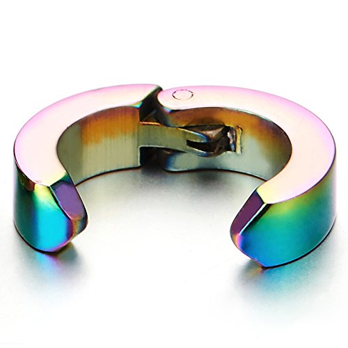 Pair Steel Rainbow Huggie Hinged Hoop Earrings Non-Piercing Clip On Earrings for Men Women - coolsteelandbeyond
