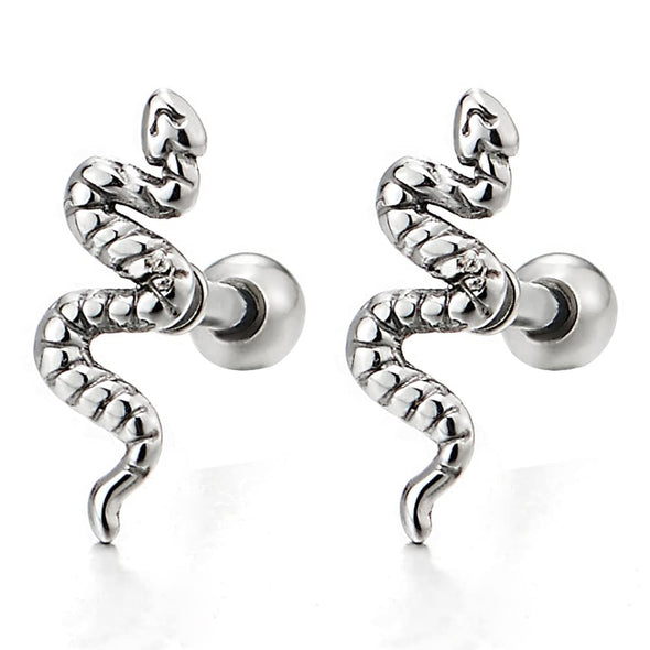 Pair Tiny Thin Small Stainless Steel Snake Stud Earrings for Mens Women, Screw Back