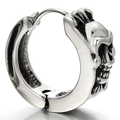Pair Vintage Skull Huggie Hinged Hoop Earrings Stainless Steel Unisex Men Women - coolsteelandbeyond
