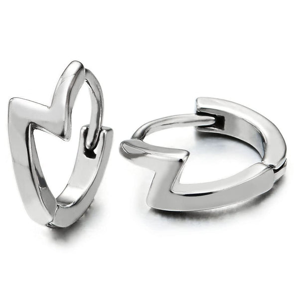 Pair Vintage Zip Zap Lightning Bolt Circle Huggie Hinged Hoop Earrings Stainless Steel, Men Women - COOLSTEELANDBEYOND Jewelry