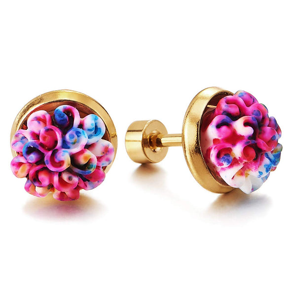 Pair Women Colorful Flower Bouquet Stud Earrings, Gold Color Stainless Steel, Screw Back, Beautiful - COOLSTEELANDBEYOND Jewelry
