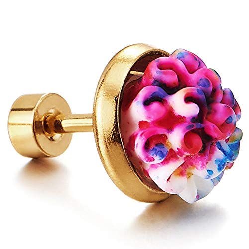 Pair Women Colorful Flower Bouquet Stud Earrings, Gold Color Stainless Steel, Screw Back, Beautiful - COOLSTEELANDBEYOND Jewelry