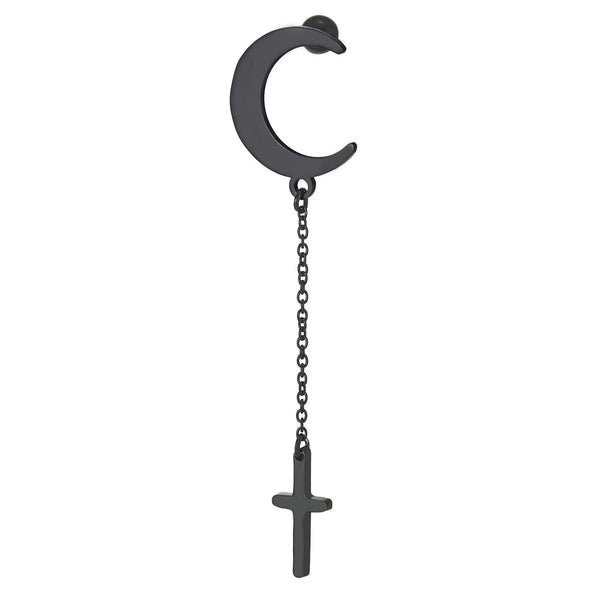 Pair Women Stainless Steel Black Crescent Moon Stud Earrings with Long Chain Dangling Cross Polished