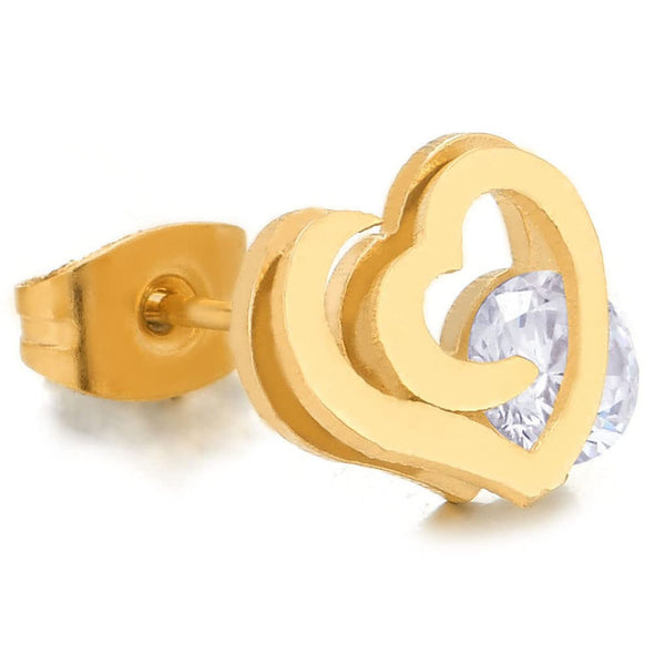 Pair Womens Gold Color Double Open Hearts Stud Earrings with Cubic Zirconia, Stainless Steel - COOLSTEELANDBEYOND Jewelry