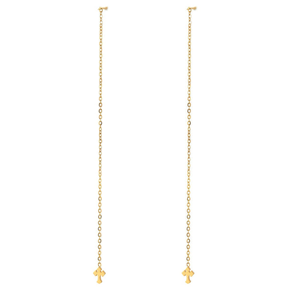 Pair Womens Gold Color Stainless Steel Stud Earrings with Extra Long Chain Dangling Cross, Fashion - COOLSTEELANDBEYOND Jewelry