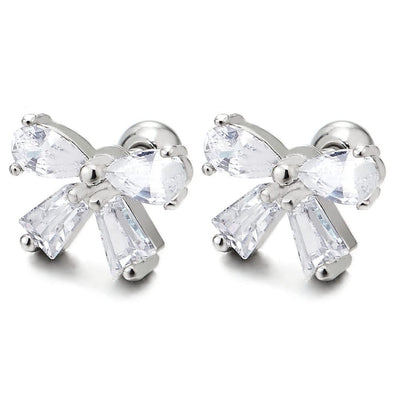 Pair Womens Sparkling Steel Bow Tie Flower Stud Earrings with Cubic Zirconia, Screw Back - COOLSTEELANDBEYOND Jewelry