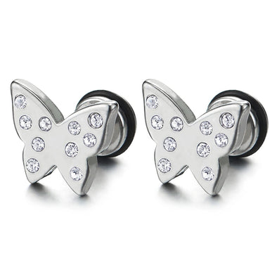 Pair Womens Stainless Steel Butterflies Stud Earrings with Cubic Zirconia, Screw Back - COOLSTEELANDBEYOND Jewelry