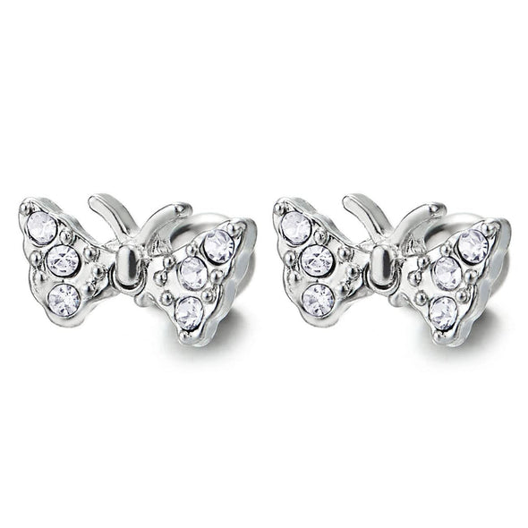 Pair Womens Stainless Steel Butterfly Stud Earrings with Cubic Zirconia, Screw Back - COOLSTEELANDBEYOND Jewelry