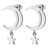 Pair Womens Stainless Steel Crescent Moon Stud Earrings with Dangling Pentagram Star, Polished - COOLSTEELANDBEYOND Jewelry