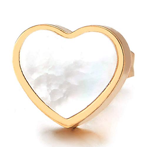 Pair Womens Stainless Steel Gold Color Heart Stud Earrings with White Mother of Pearl Shell - COOLSTEELANDBEYOND Jewelry