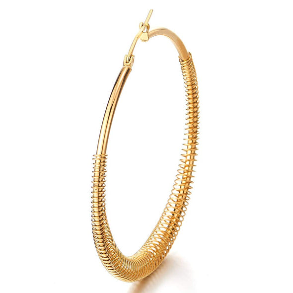 Pair Womens Stainless Steel Gold Color Spring Wire Circle Huggie Hinged Hoop Earrings - COOLSTEELANDBEYOND Jewelry