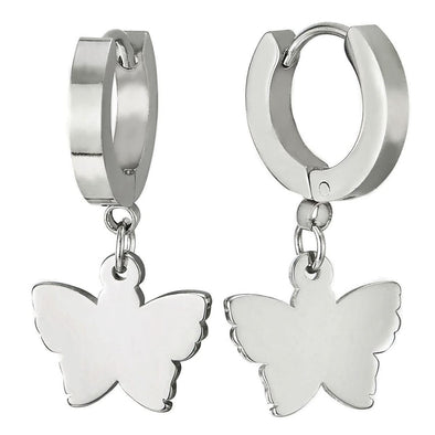 Pair Womens Stainless Steel Huggie Hinged Hoop Earrings with Dangling Butterfly - COOLSTEELANDBEYOND Jewelry