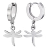 Pair Womens Stainless Steel Huggie Hinged Hoop Earrings with Dangling Dragonfly - COOLSTEELANDBEYOND Jewelry