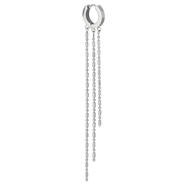 Pair Womens Stainless Steel Huggie Hinged Hoop Earrings with Three Dangling Long Chains - COOLSTEELANDBEYOND Jewelry