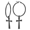 Pair Womens Stainless Steel Large Black Plain Circle Huggie Hinged Hoop Earrings with Dangling Cross - COOLSTEELANDBEYOND Jewelry