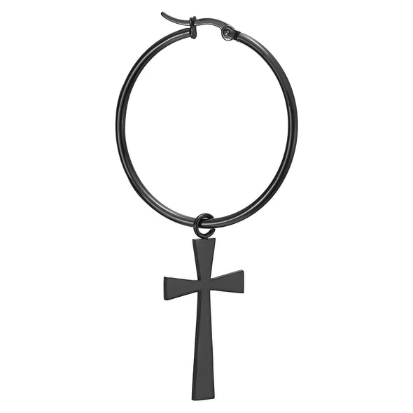 Pair Womens Stainless Steel Large Black Plain Circle Huggie Hinged Hoop Earrings with Dangling Cross - COOLSTEELANDBEYOND Jewelry