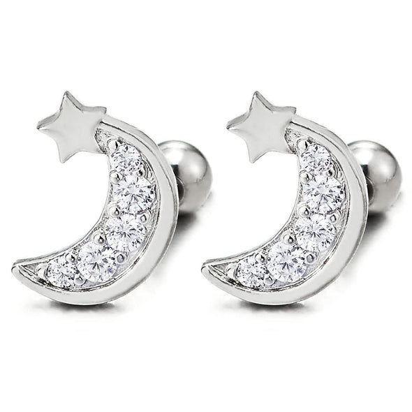 Pair Womens Stainless Steel Small Crescent Moon Star Stud Earrings with Cubic Zirconia, Screw Back - COOLSTEELANDBEYOND Jewelry