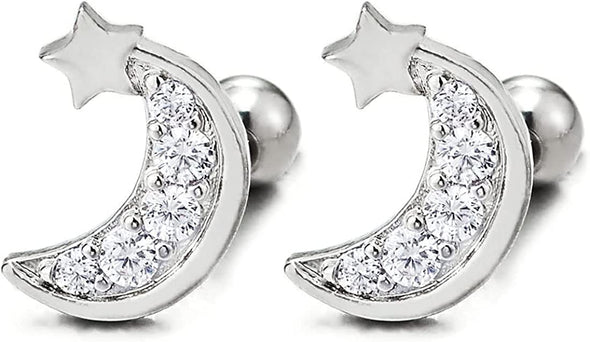 Pair Womens Stainless Steel Small Crescent Moon Star Stud Earrings with Cubic Zirconia, Screw Back - COOLSTEELANDBEYOND Jewelry
