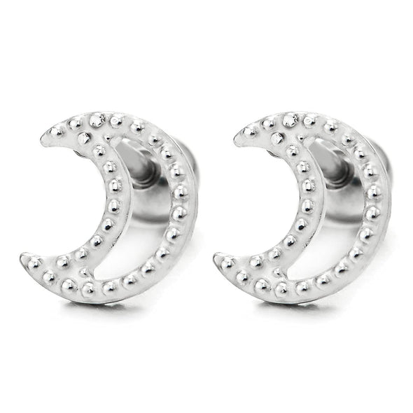 Pair Womens Stainless Steel Small Dotted Open Crescent Moon Stud Earrings, Screw Back - COOLSTEELANDBEYOND Jewelry