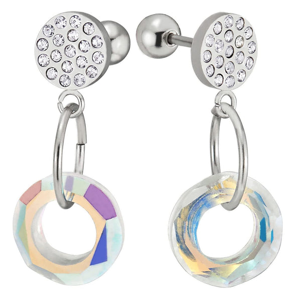 Pair Womens Steel CZ Barbell Stud Earrings with Dangling Circle Crystal Gem Stone, Screw Back - COOLSTEELANDBEYOND Jewelry