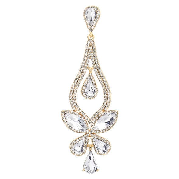 Party Banquet Rhinestone Crystal Chandelier Butterfly Floral Long Dangle Statement Earrings Gold - COOLSTEELANDBEYOND Jewelry