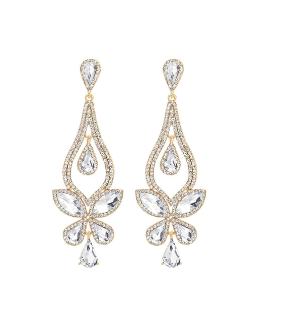 Party Banquet Rhinestone Crystal Chandelier Butterfly Floral Long Dangle Statement Earrings Gold - COOLSTEELANDBEYOND Jewelry