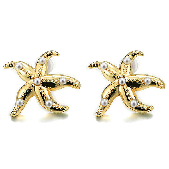 Pretty Gold Color Starfish Stud Earrings with Pearl - COOLSTEELANDBEYOND Jewelry