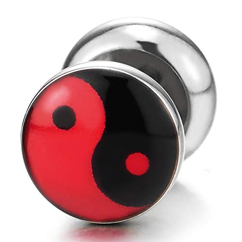 Red Black Yin-Yang Stud Earrings for Men Women, Steel Cheater Fake Ear Plugs Gauges Illusion Tunnel - COOLSTEELANDBEYOND Jewelry