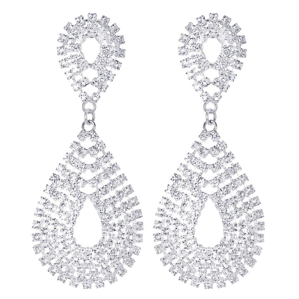 Rhinestone Cluster Teardrop Shape Large Dangle Statement Earrings Bridal Wedding Party Bridesmaids - COOLSTEELANDBEYOND Jewelry
